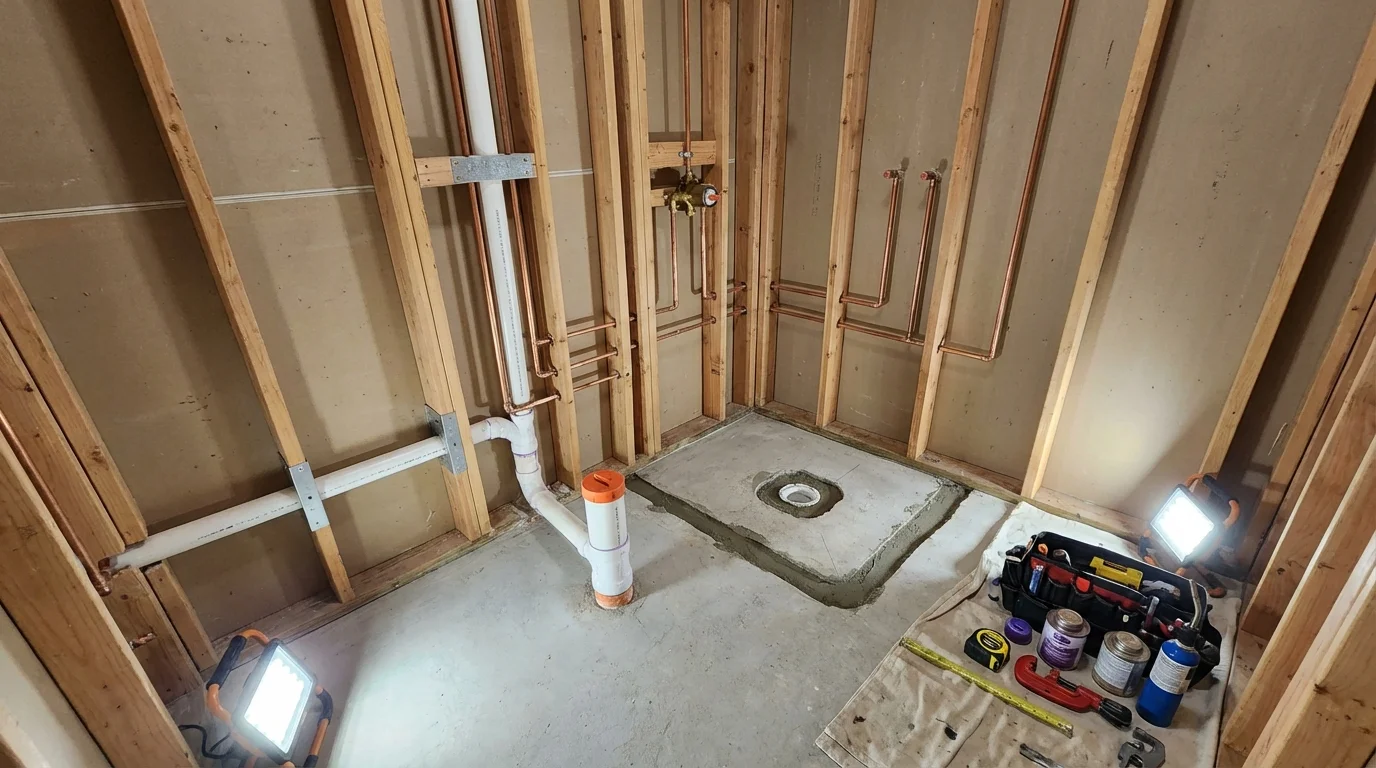 Bathroom rough-in plumbing during remodel by Johns Plumbing LLC in Alpaugh