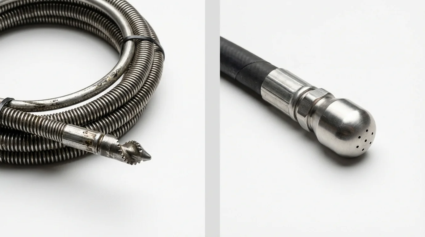 Drain snake cable and hydro jetting nozzle used for drain cleaning in Alpaugh, CA