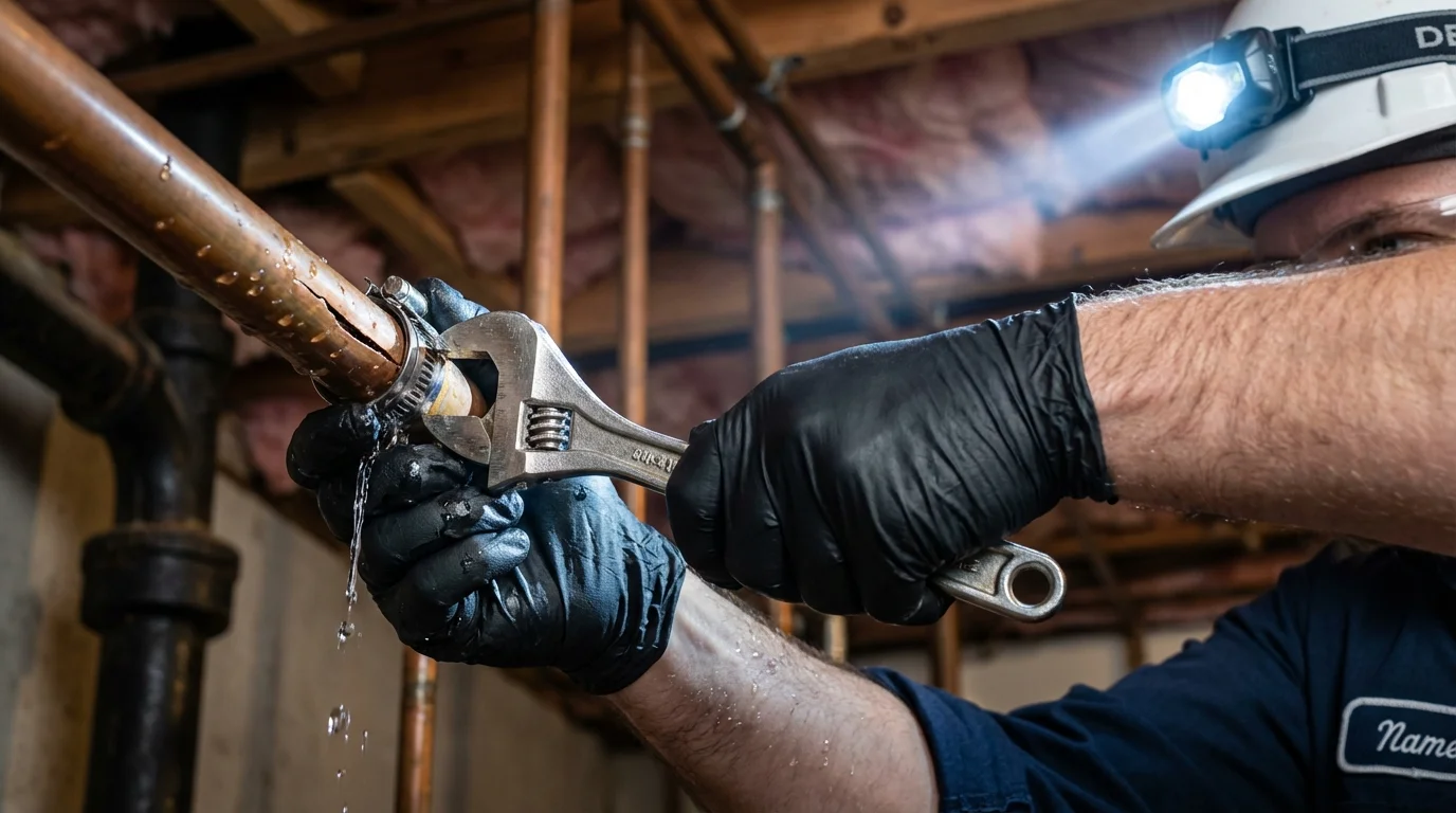 Emergency pipe clamp repair being performed by a Johns Plumbing LLC plumber in Alpaugh