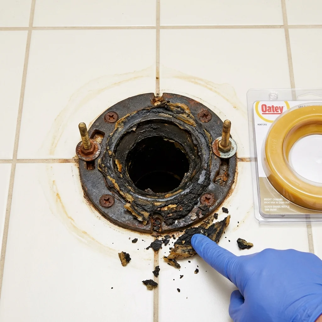 Failed wax ring showing water seepage at the base of a toilet in a Alpaugh, CA home