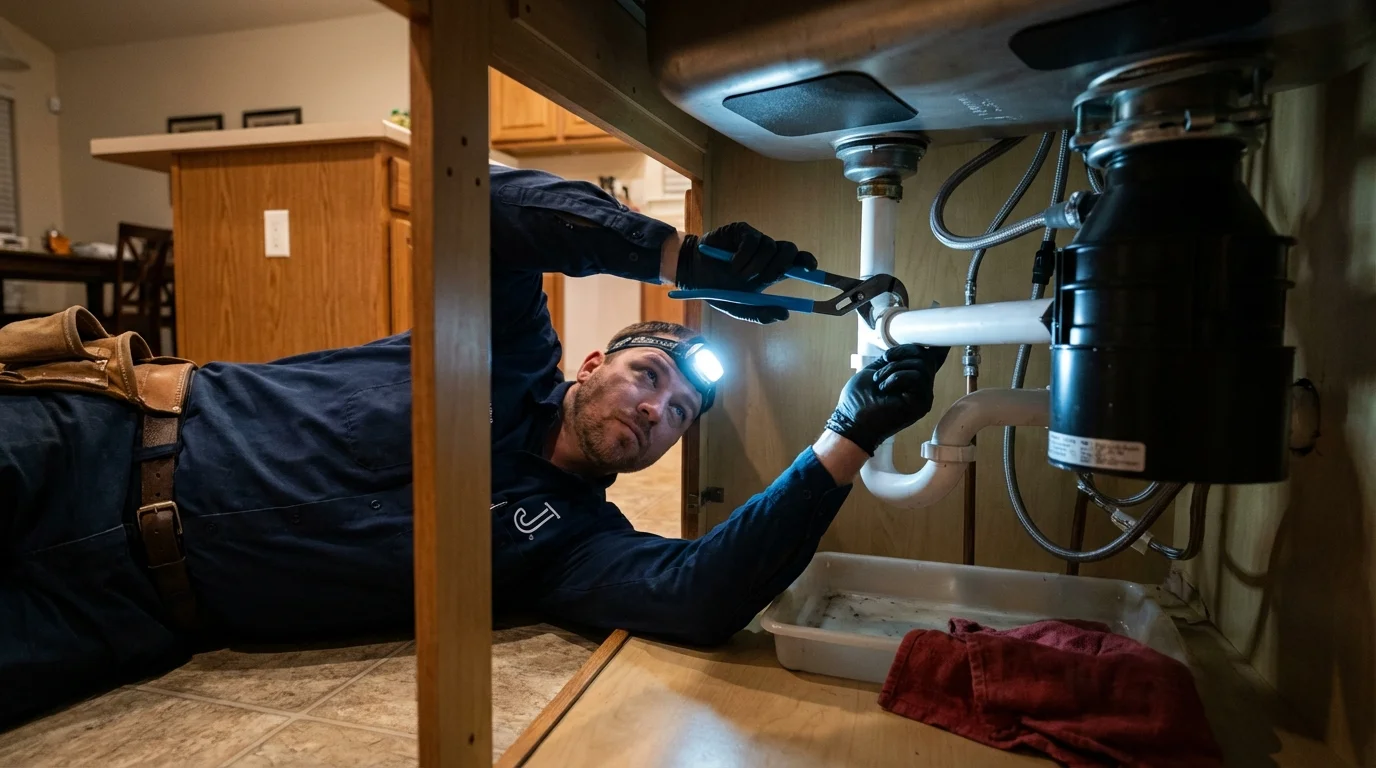 P-trap and supply line connections under a kitchen sink showing a common leak point in Alpaugh, CA
